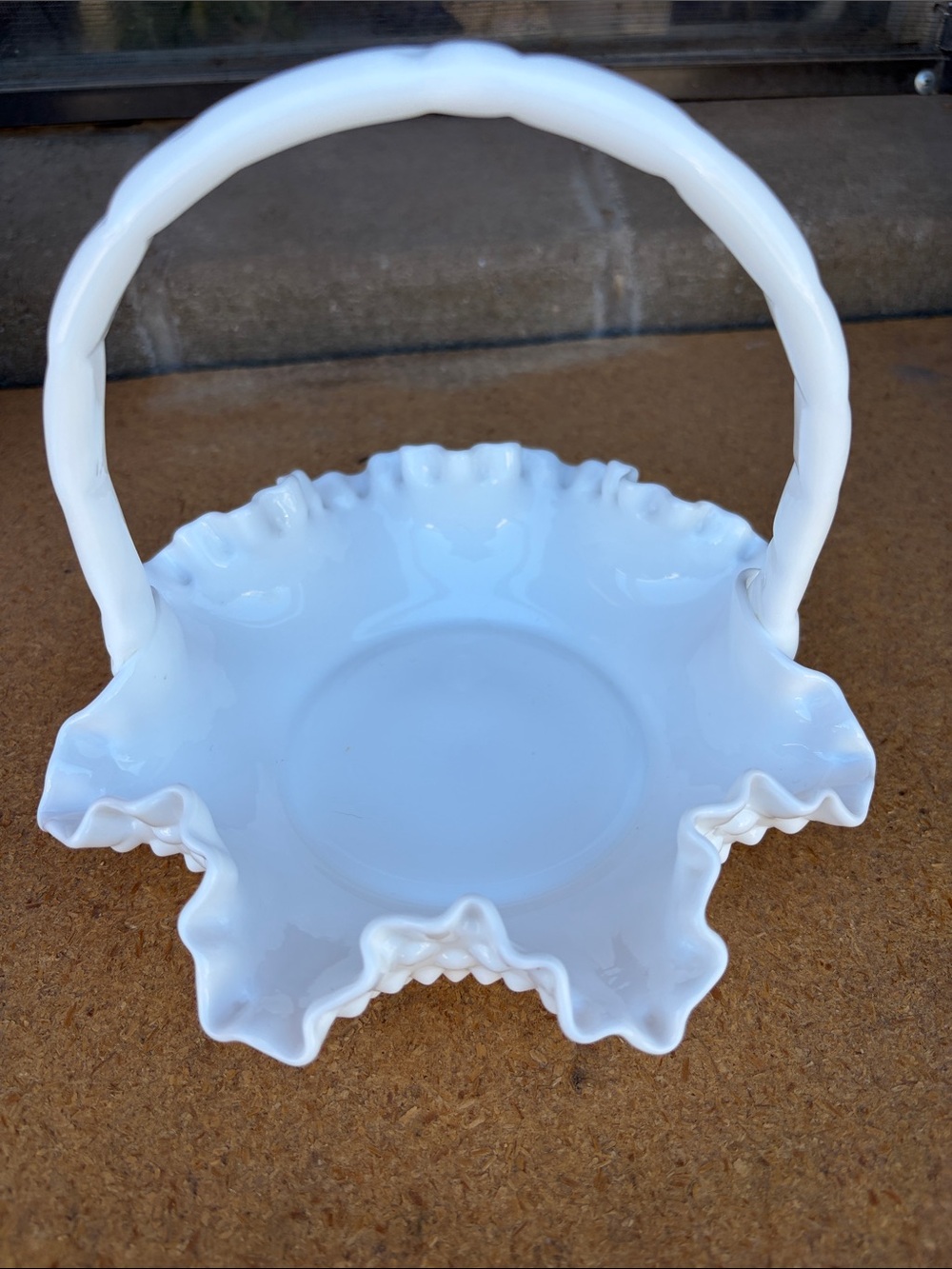 Milk Glass Ruffled Basket with Arched Handle - White